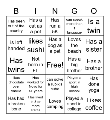 Novie Icebreaker Bingo Card