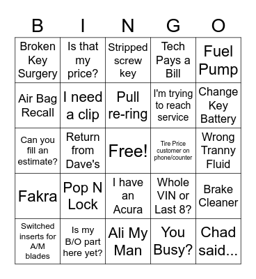 Parts Dept. Bingo! Bingo Card
