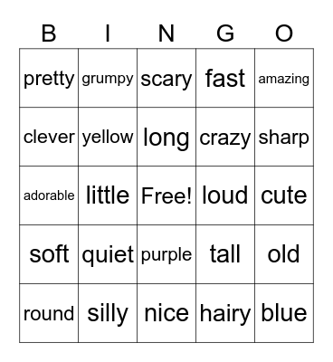 Adjectives Bingo Card