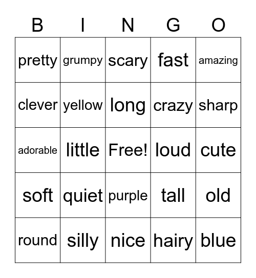 Adjectives Bingo Card