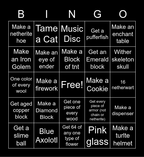 Minecraft Bingo Card