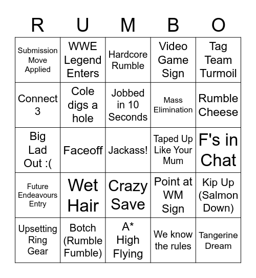 Royal Rumble Bongo Card Bingo Card