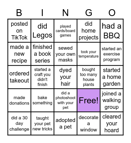 Quarantine Bingo Card