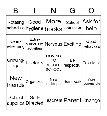 Moving to Middle School Bingo Card