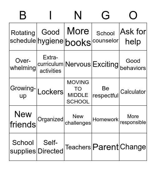 Moving to Middle School Bingo Card