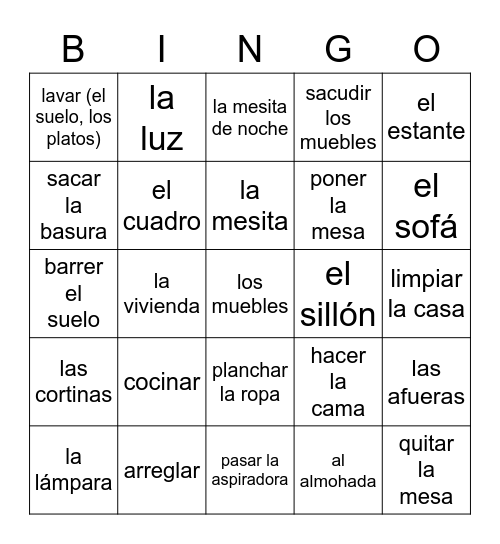 ingo lección 12 vocabulario p. 305 Bingo Card
