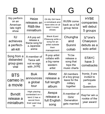 2022 K-pop Predictions Bingo Card