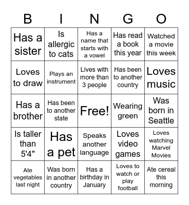 Getting to Know You Bingo Card
