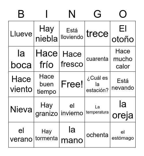 ¿Qué tiempo hace? Bingo Card