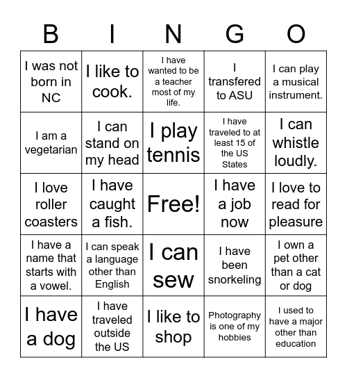 Let's Get to Know Your Classmates! Bingo Card