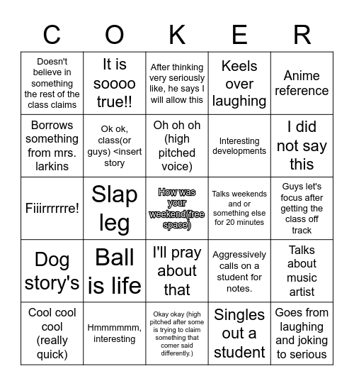 Mr. Coker Bingo! Bingo Card