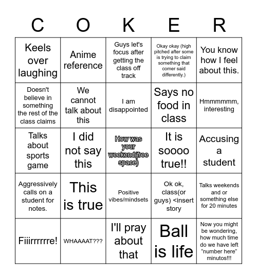 Mr. Coker Bingo Card