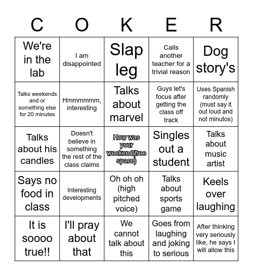 Mr. Coker Bingo Card