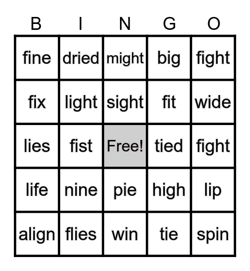 long i (igh, ie, i-e) Bingo Card