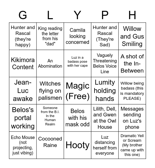 Specific TOH S2B Trailer Predictions Bingo Card