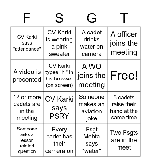 PSRY Lesson Bingo Card