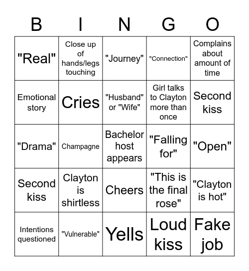 Bachelor BINGO Week 2 Bingo Card