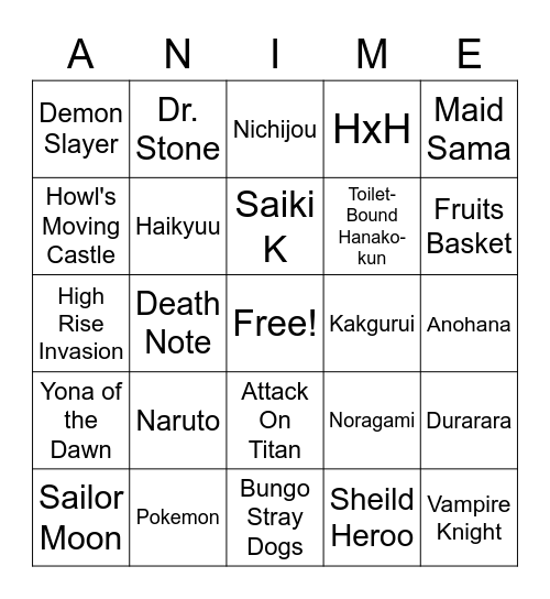 Anime Bingo Card