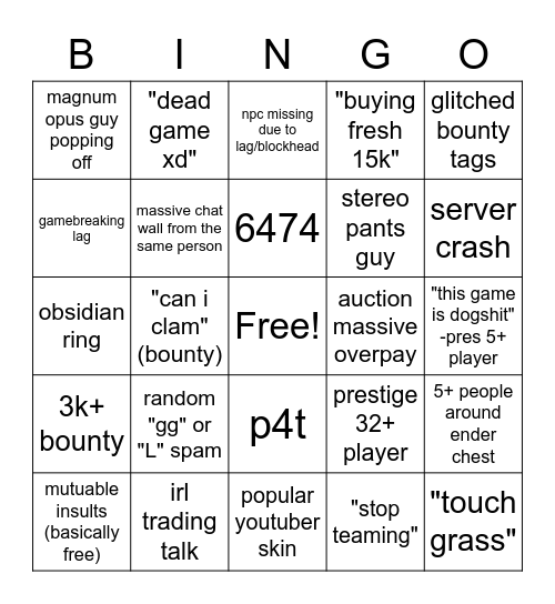 Hypixel Pit Bingo Card