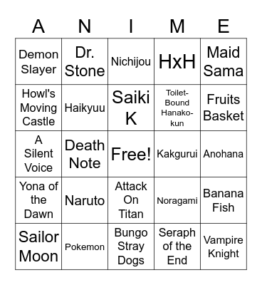 Anime Bingo Card