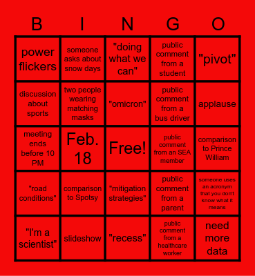 School Board Bingo - January 11, 2022 Bingo Card