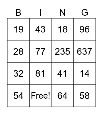 Long Division Bingo Card
