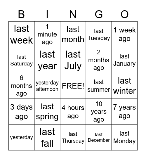 Time Expressions Bingo Card