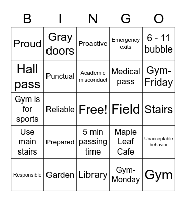 Return to School Bingo Card