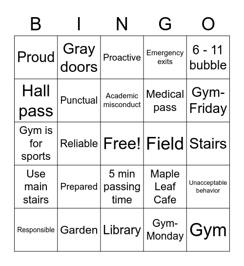 Return to School Bingo Card