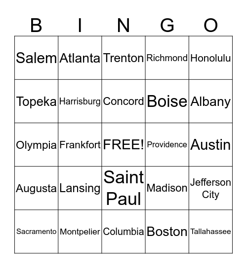 State Capitals Bingo Card