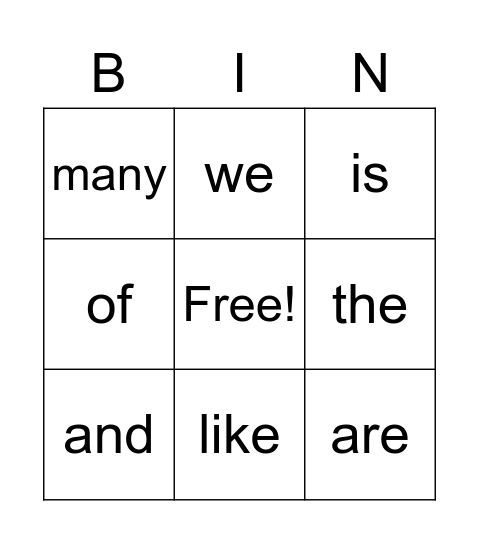 Sight Word Bingo Card