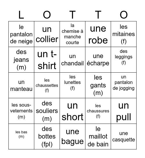 Des vêtements v1 (long) Bingo Card