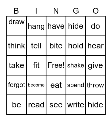 Irregular Verbs Bingo Card