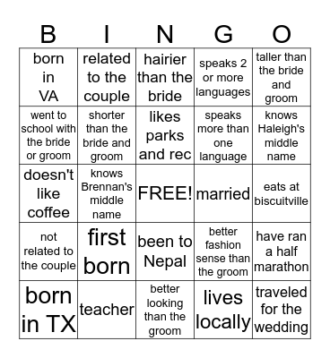 Wedding Bingo Card