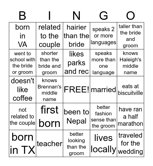 Wedding Bingo Card