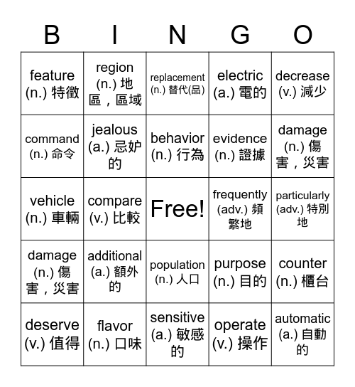 雜誌段考複習 Bingo Card