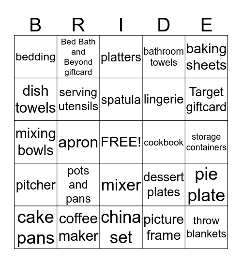Elise's Bridal Gift Bingo Card