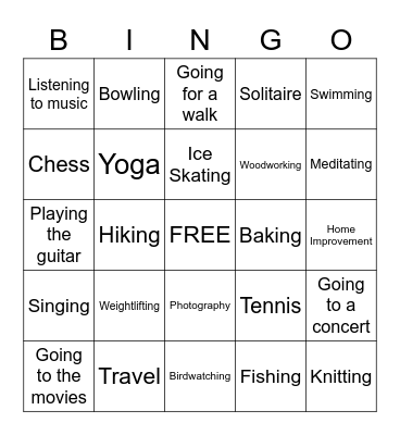 Leisure Bingo Card