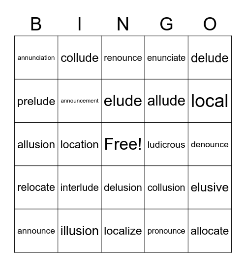Lud(Lus)& Nounce (Nunc) Loc Bingo Card