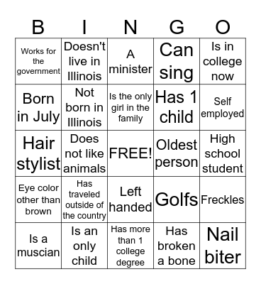 Bowen Family Bingo Card