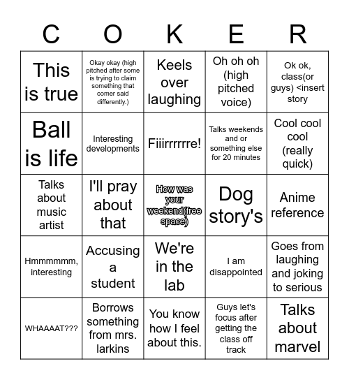 Mr. Coker Bingo Card