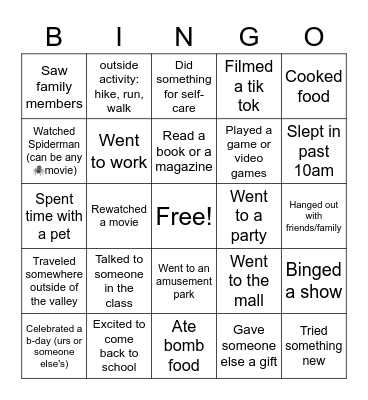 Bingo about Winter Break Bingo Card