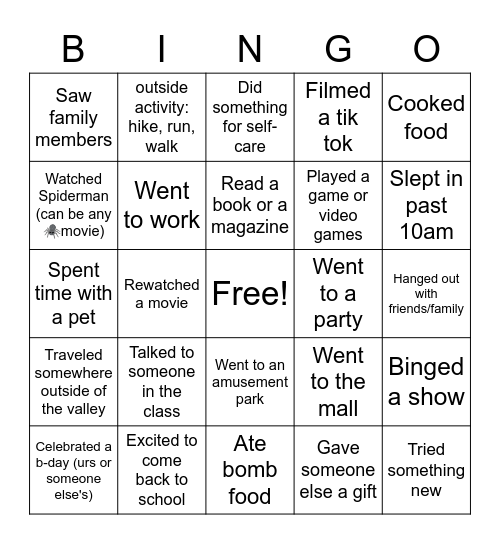 Bingo about Winter Break Bingo Card