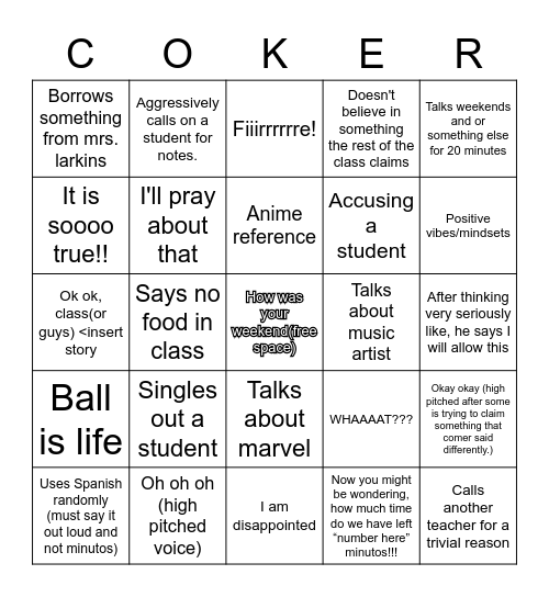 Mr Coker Bingo Card