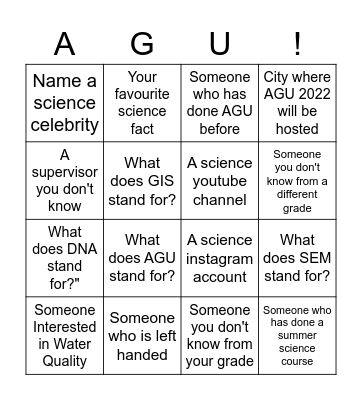 Getting to know y'AGU Bingo Card