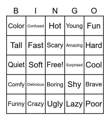 Adjectives Bingo Card
