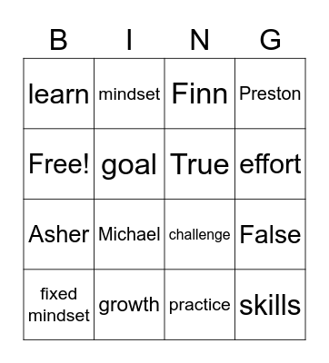 Growth Mindset Bingo Card