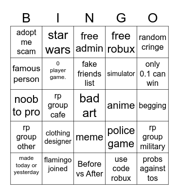 Roblox ads. Bingo Card