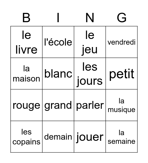 Vocabulaire Bingo Card