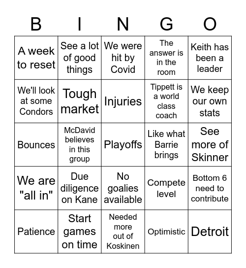Ken Holland Press Conference Bingo Card
